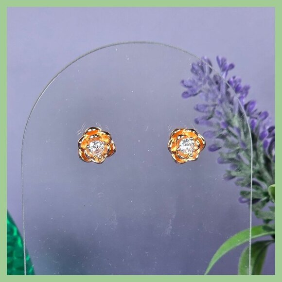 Jewelry - Rose Gold Floral Stud Earrings With Cubic Zirconia Center (NWOT)